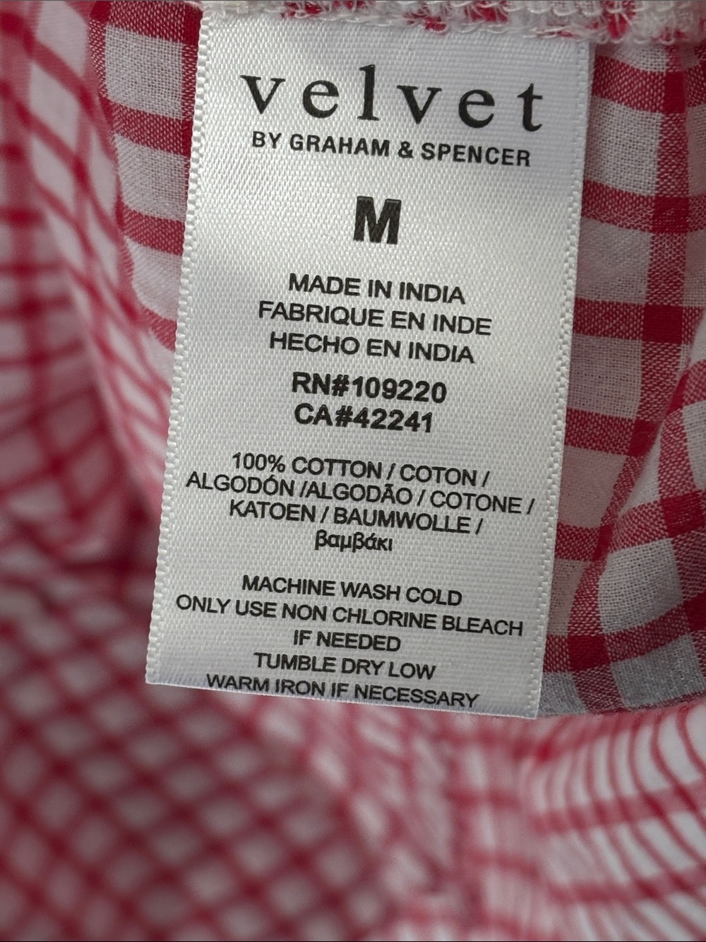 Velvet Red and White Cotton Gingham Button-Down Shirt with Tie Sleeves Size M - Picture 5 of 7